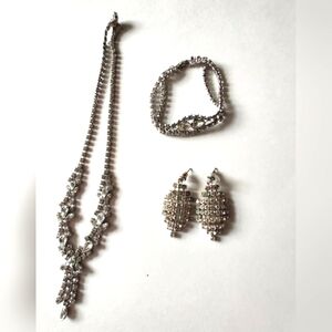 Vintage Clear Rhinestone and Silver Tone Necklace Bracelet and Earrings Set